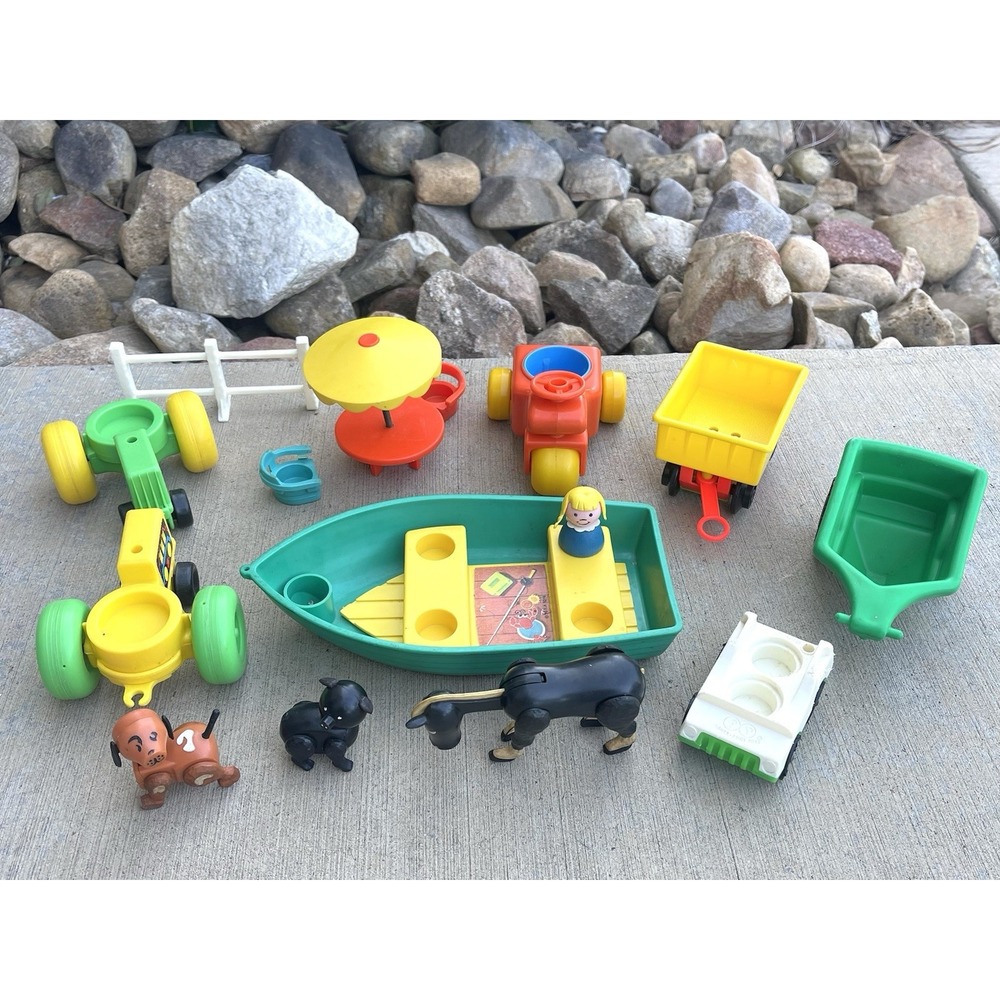 Vintage Fisher Price Little People Lot Boat Tractors Farm Animals Accessories